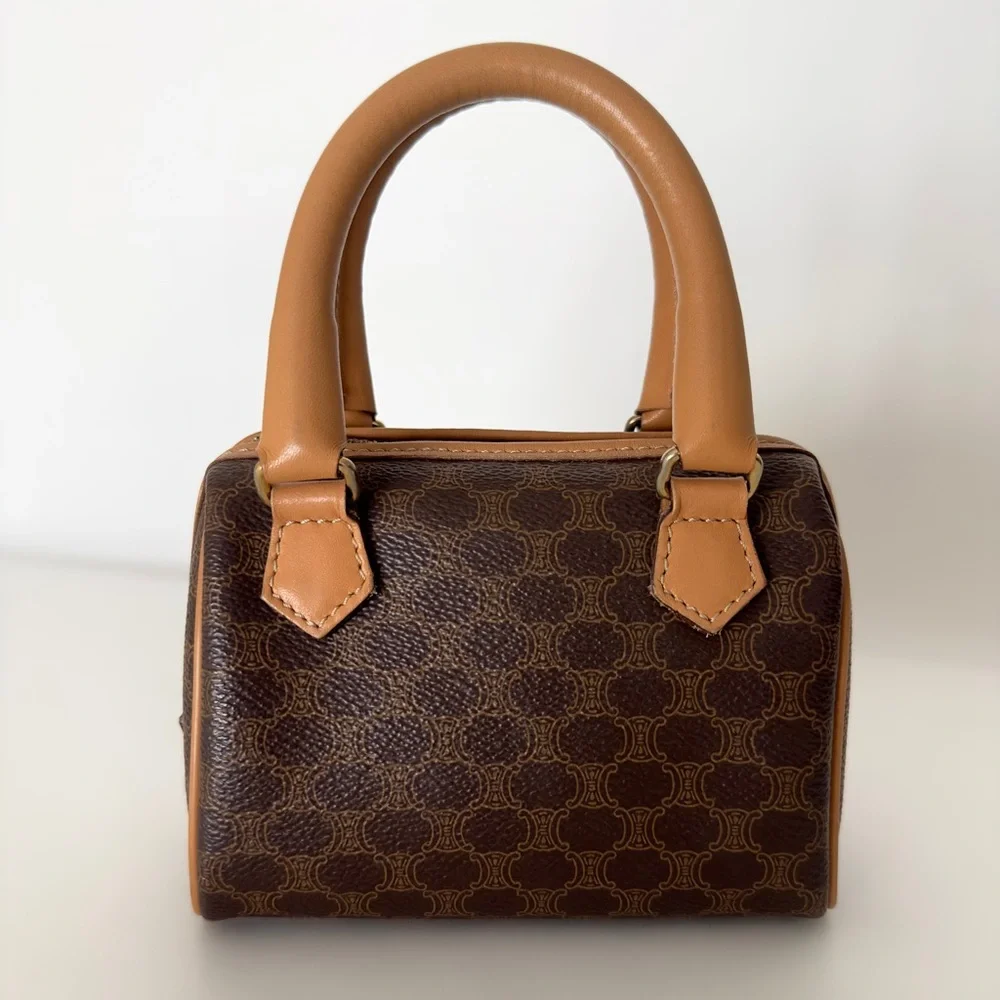 ✨CELINE Vintage Macadam Triomphe Canvas Leather Micro Mini Boston Handbag Brown - Picture 4 of 17